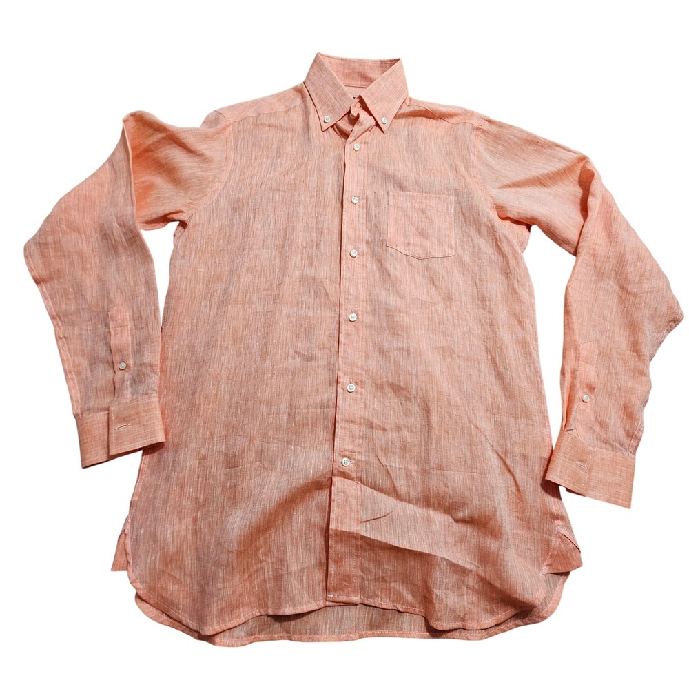 Alan Paine Button Down Shirt Mens Small Orange 100% Linen Long Sleeve Pocket